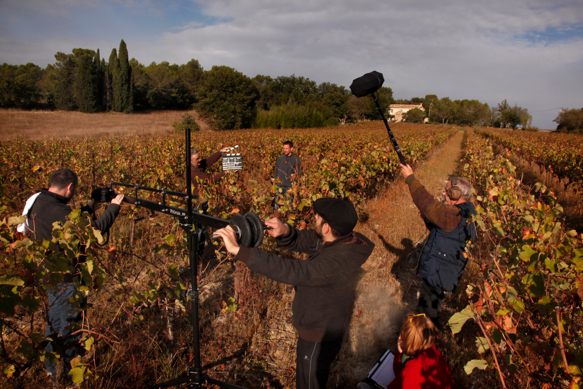 Toute l’équipe technique installée entre les rangs de vigne, cyprès à l’horizon.